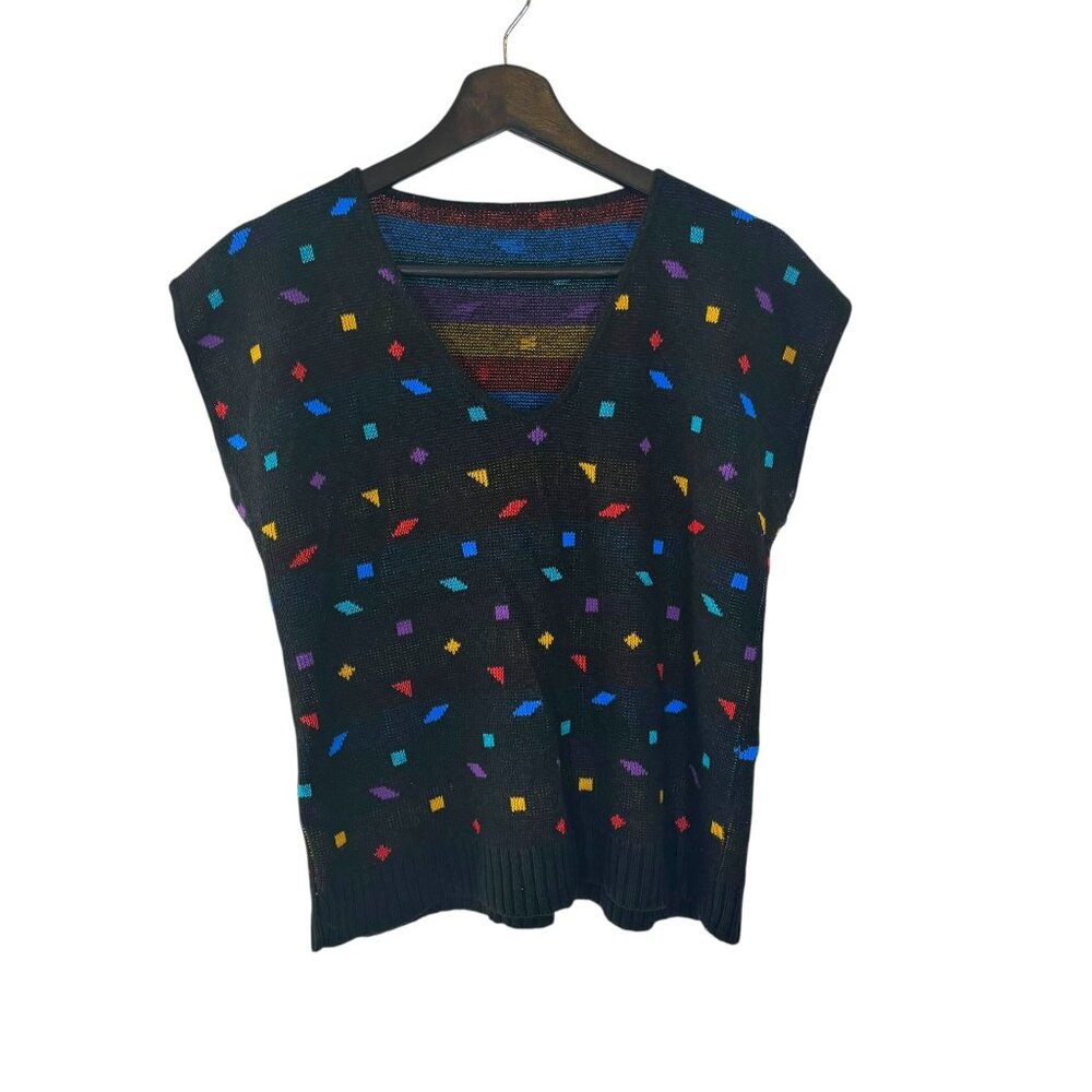 Vintage 80s Black Multicolor Print Wide Shoulder Knit Top Medium